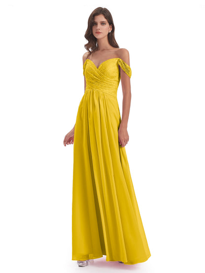 Marjorie Off The Shoulder Open Back Chiffon Long Bridesmaid Dresses