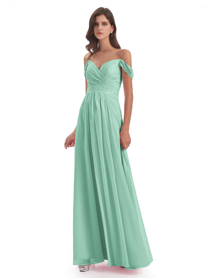 Marjorie Off The Shoulder Open Back Chiffon Long Bridesmaid Dresses