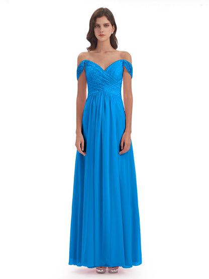 Marjorie Off The Shoulder Open Back Chiffon Long Bridesmaid Dresses