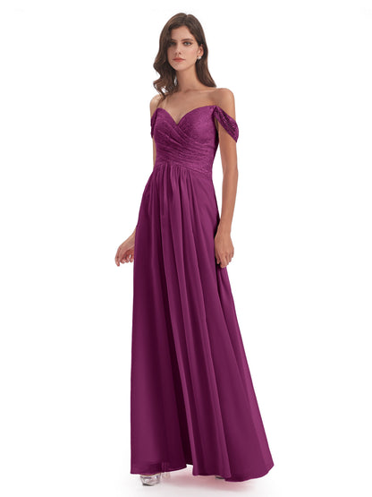 Marjorie Off The Shoulder Open Back Chiffon Long Bridesmaid Dresses
