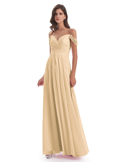 Marjorie Off The Shoulder Open Back Chiffon Long Bridesmaid Dresses