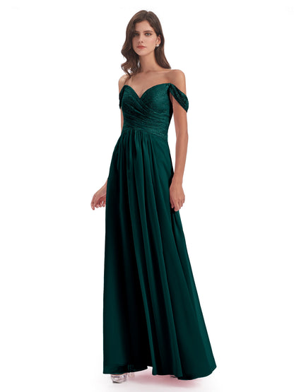Marjorie Off The Shoulder Open Back Chiffon Long Bridesmaid Dresses