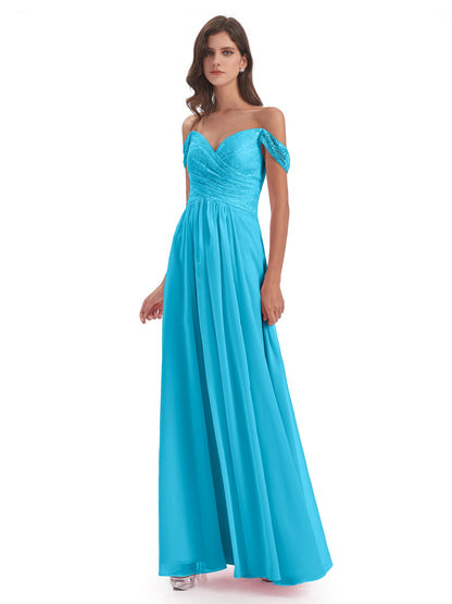 Marjorie Off The Shoulder Open Back Chiffon Long Bridesmaid Dresses