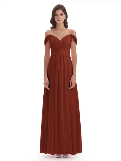 Marjorie Off The Shoulder Open Back Chiffon Long Bridesmaid Dresses