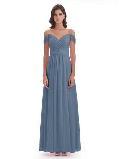 Marjorie Off The Shoulder Open Back Chiffon Long Bridesmaid Dresses