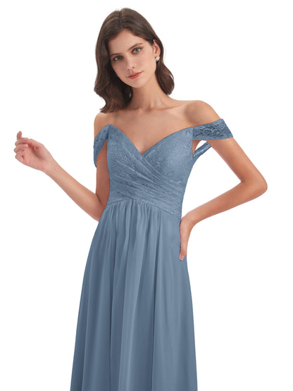 Marjorie Off The Shoulder Open Back Chiffon Long Bridesmaid Dresses