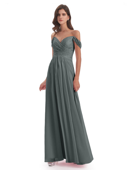 Marjorie Off The Shoulder Open Back Chiffon Long Bridesmaid Dresses