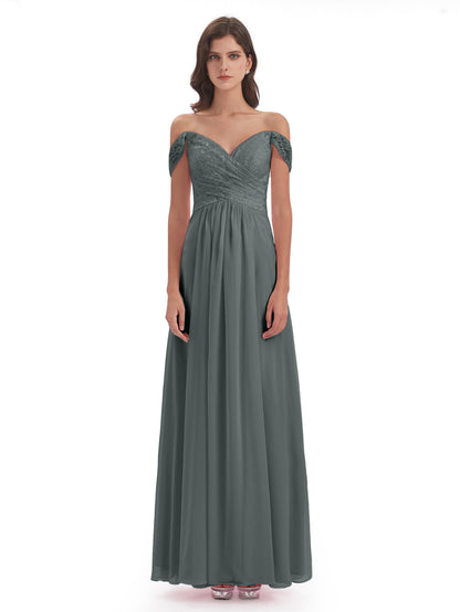 Marjorie Off The Shoulder Open Back Chiffon Long Bridesmaid Dresses