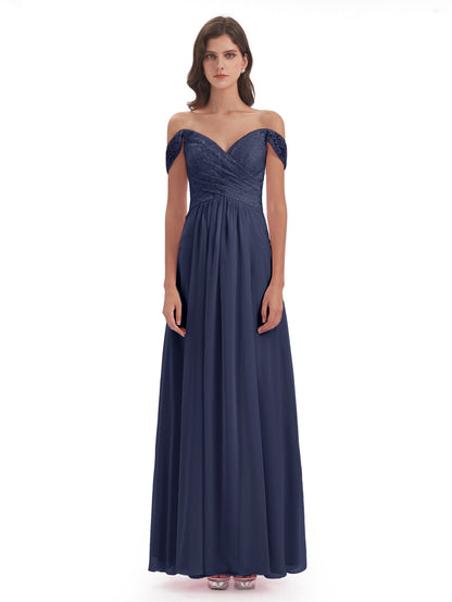 Marjorie Off The Shoulder Open Back Chiffon Long Bridesmaid Dresses