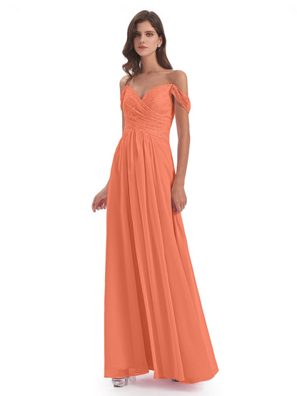 Marjorie Off The Shoulder Open Back Chiffon Long Bridesmaid Dresses