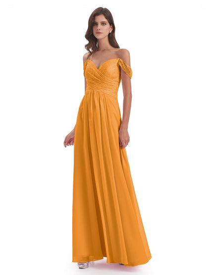 Marjorie Off The Shoulder Open Back Chiffon Long Bridesmaid Dresses