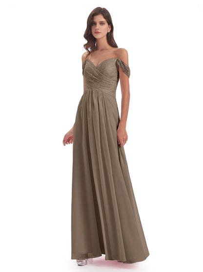 Marjorie Off The Shoulder Open Back Chiffon Long Bridesmaid Dresses