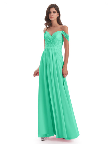 Marjorie Off The Shoulder Open Back Chiffon Long Bridesmaid Dresses