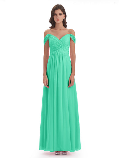 Marjorie Off The Shoulder Open Back Chiffon Long Bridesmaid Dresses