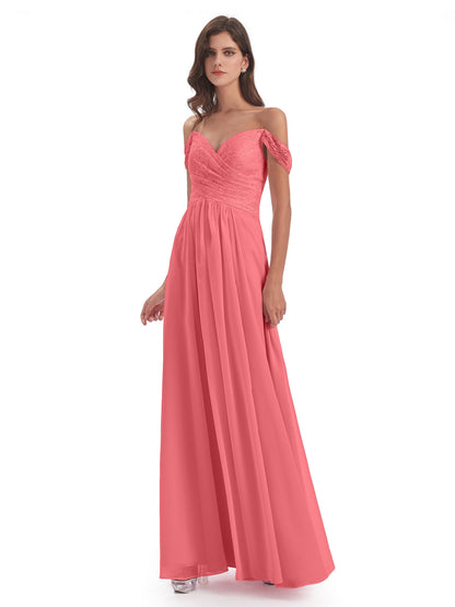 Marjorie Off The Shoulder Open Back Chiffon Long Bridesmaid Dresses