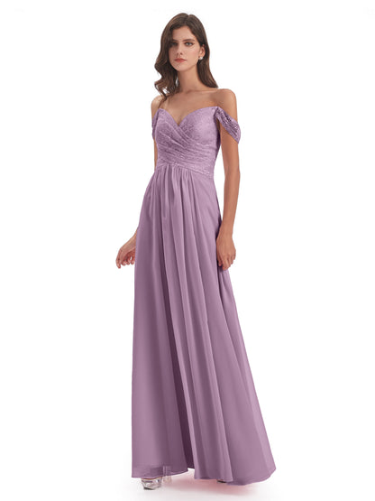 Marjorie Off The Shoulder Open Back Chiffon Long Bridesmaid Dresses