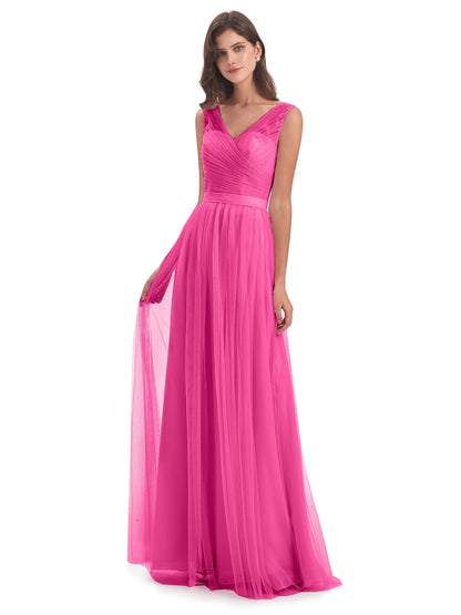 Mila Floor Length V-Neck Tulle Bridesmaid Dresses