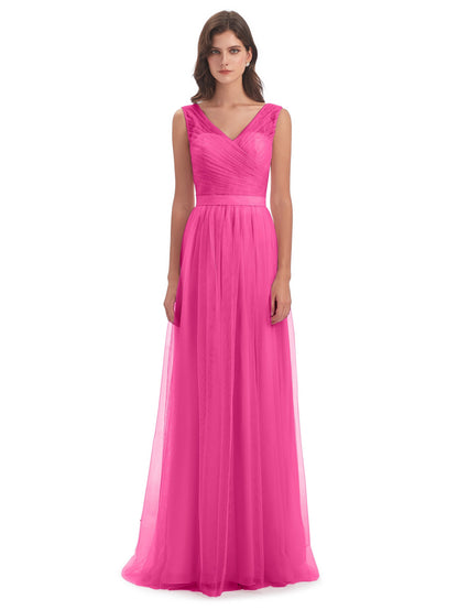 Mila Floor Length V-Neck Tulle Bridesmaid Dresses