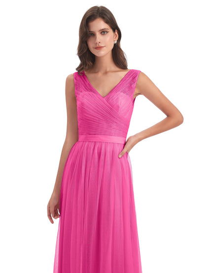 Mila Floor Length V-Neck Tulle Bridesmaid Dresses