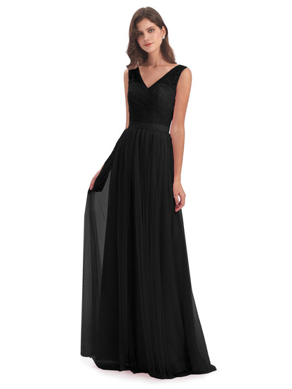 Mila Floor Length V-Neck Tulle Bridesmaid Dresses