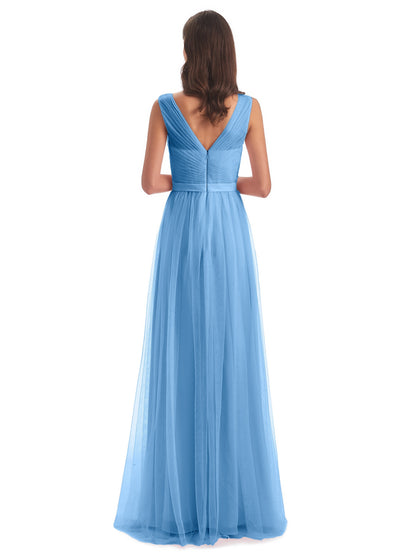 Mila Floor Length V-Neck Tulle Bridesmaid Dresses