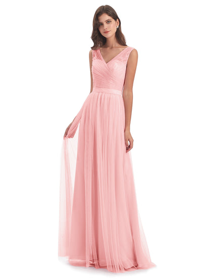 Mila Floor Length V-Neck Tulle Bridesmaid Dresses