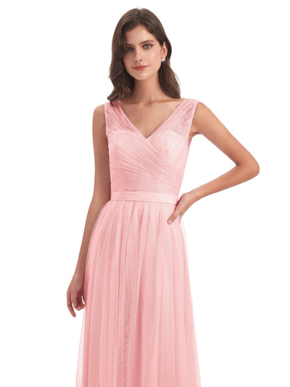Mila Floor Length V-Neck Tulle Bridesmaid Dresses