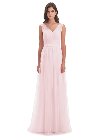 Mila Floor Length V-Neck Tulle Bridesmaid Dresses