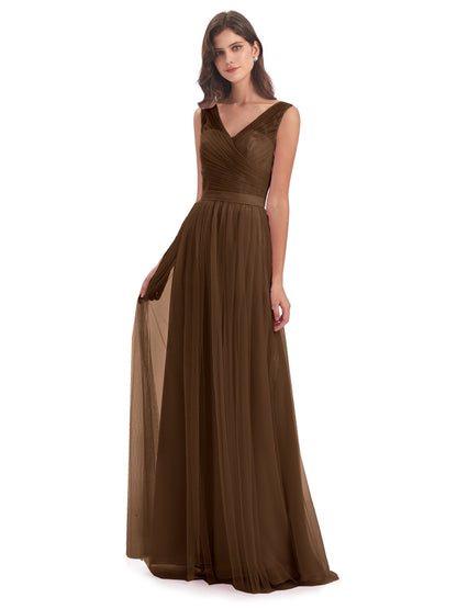 Mila Floor Length V-Neck Tulle Bridesmaid Dresses
