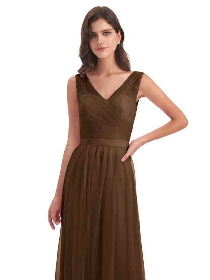 Mila Floor Length V-Neck Tulle Bridesmaid Dresses