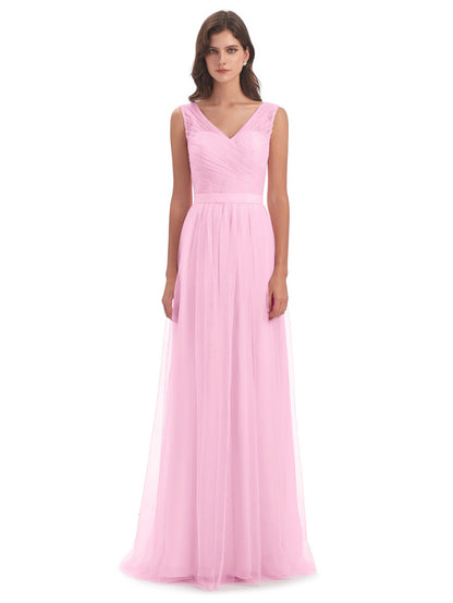 Mila Floor Length V-Neck Tulle Bridesmaid Dresses