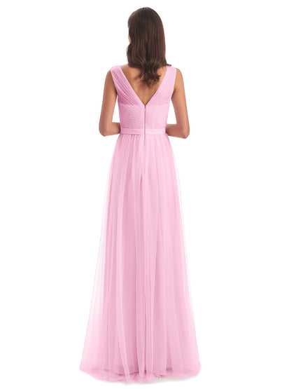 Mila Floor Length V-Neck Tulle Bridesmaid Dresses