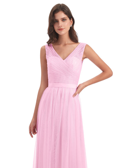 Mila Floor Length V-Neck Tulle Bridesmaid Dresses