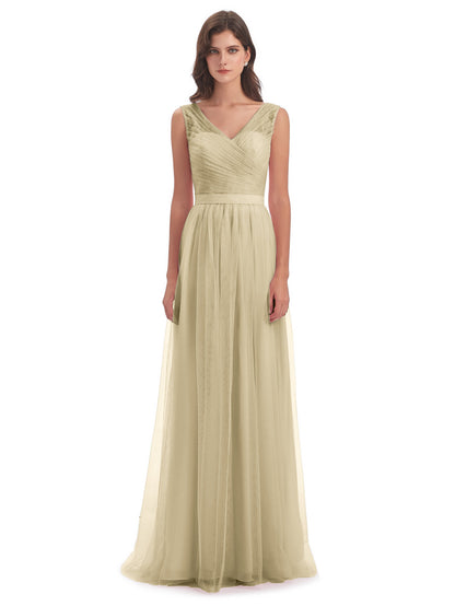 Mila Floor Length V-Neck Tulle Bridesmaid Dresses