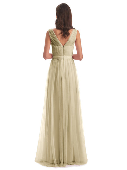 Mila Floor Length V-Neck Tulle Bridesmaid Dresses
