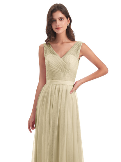 Mila Floor Length V-Neck Tulle Bridesmaid Dresses