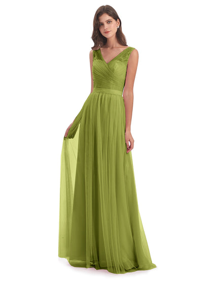Mila Floor Length V-Neck Tulle Bridesmaid Dresses