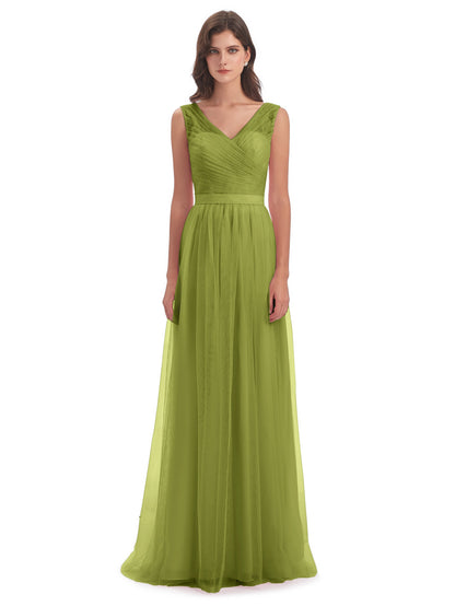 Mila Floor Length V-Neck Tulle Bridesmaid Dresses