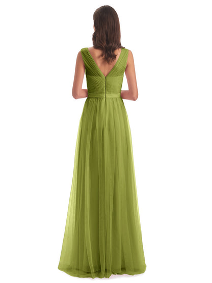 Mila Floor Length V-Neck Tulle Bridesmaid Dresses