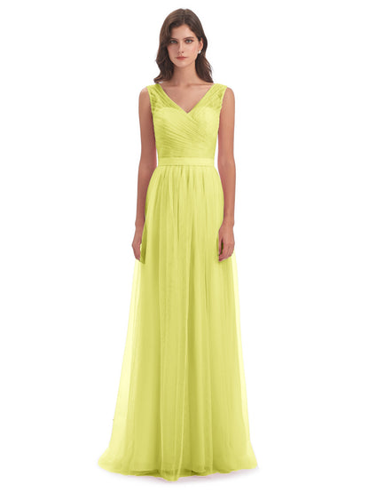 Mila Floor Length V-Neck Tulle Bridesmaid Dresses