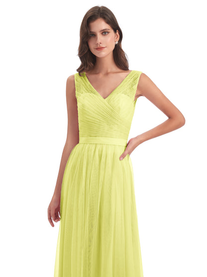 Mila Floor Length V-Neck Tulle Bridesmaid Dresses