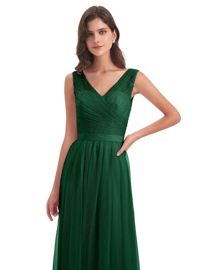 Mila Floor Length V-Neck Tulle Bridesmaid Dresses