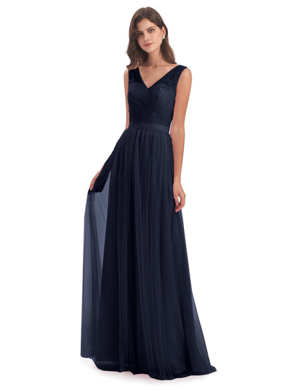 Mila Floor Length V-Neck Tulle Bridesmaid Dresses