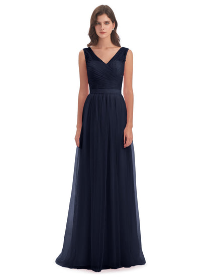 Mila Floor Length V-Neck Tulle Bridesmaid Dresses