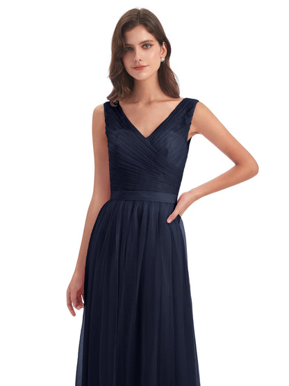 Mila Floor Length V-Neck Tulle Bridesmaid Dresses