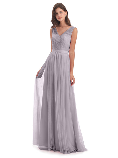 Mila Floor Length V-Neck Tulle Bridesmaid Dresses
