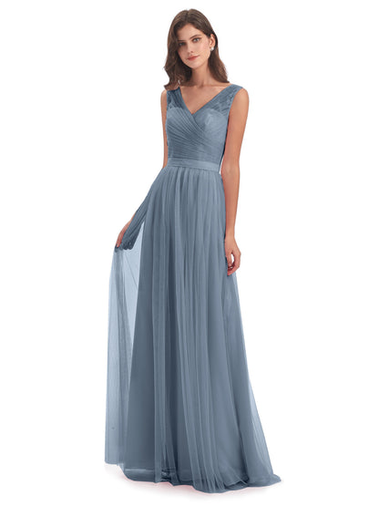 Mila Floor Length V-Neck Tulle Bridesmaid Dresses