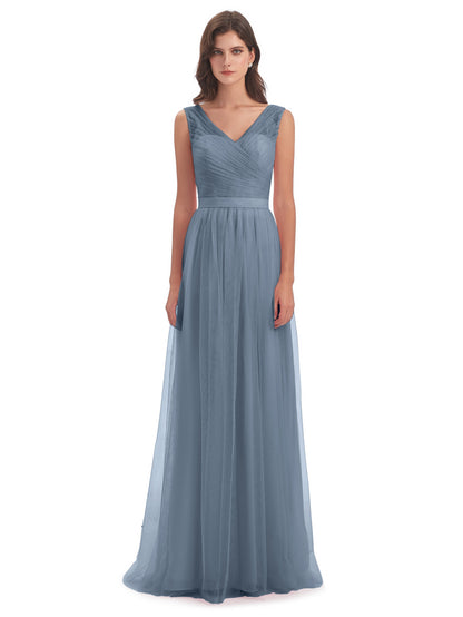 Mila Floor Length V-Neck Tulle Bridesmaid Dresses