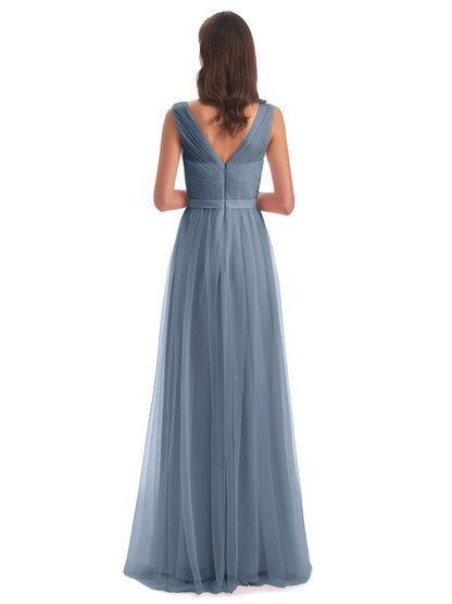 Mila Floor Length V-Neck Tulle Bridesmaid Dresses