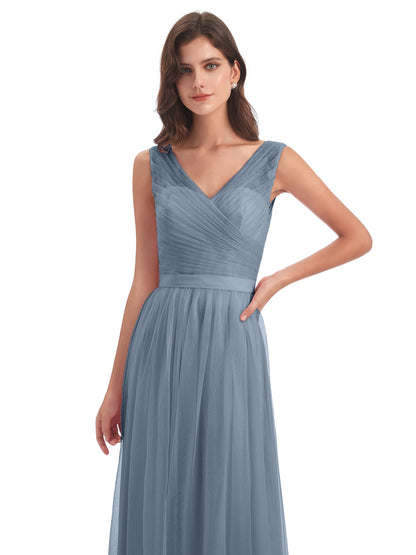 Mila Floor Length V-Neck Tulle Bridesmaid Dresses